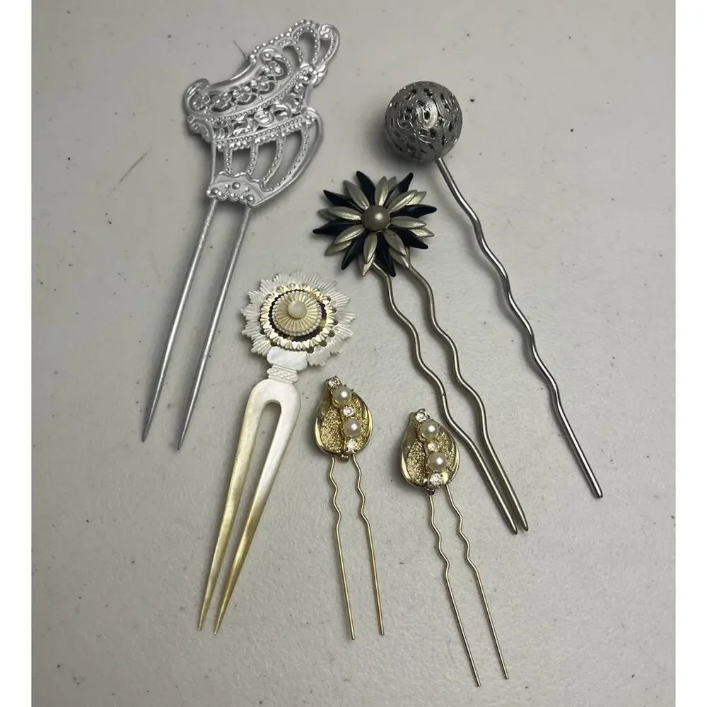 Hair Pin Stick Lot Victorian Style Filigree Ball Flower Mother Of Pearl 6 Pieces